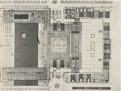Chloethiel Woodard Smith, Chloethiel Woodard Smith & Associated Architects, ground floor plan of Harbour Square, Washington, D.C., 1965–67. Architectural Record, September 1963
