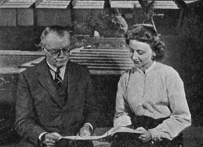 Elizabeth Mock, Curator of the Department of Architecture at the Museum of Modern Art, planning the exhibition IF YOU WANT TO BUILD A HOUSE with Philip L. Goodwin, Chairman of the Advisory Committee and the Exhibitions Committee. Photograph published in the Bulletin of The Museum of Modern Art, February 1946
© The Museum of Modern Art
 
