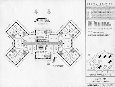 New York City Housing Authority, floor plan of apartment block, Bronx River Houses, New York City, 1950–51. Van Coleman Files, New York City Housing Authority archives, LaGuardia Community College
