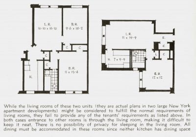 Floor plans of two large New York apartments, criticized by Coit for failing to provide space in the kitchen for dining and for making a living room that is a thoroughfare. Published in her essay “Housing from the Tenant’s Viewpoint,” Architectural Record, April 1942
