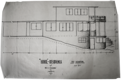 Amaza Lee Meredith, HiHill residence (unbuilt) for Dr. F. F. Richards, Azurest North, elevation, 1946. Virginia State University, Special Collections and Archives
