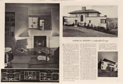 Photograph of a living room designed by E. Dean Parmelee, which inspired Amaza Lee Meredith’s design of the fireplace in her living room. Parmelee’s design appeared in an article “American Modern: A Rationalized Type,” published in American Home, August 1936.
