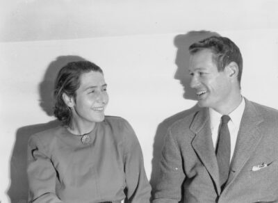 Publicity photograph of Sarah Harkness and John C. Harkness for “New Dormitories for Smith College,” exhibition at The Museum of Modern Art, New York City (February 5, 1946–April 14, 1946). Photograph by Fred G. Chase. Photographic Archive, The Museum of Modern Art Archives, New York
