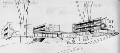 Sarah Harkness and John C. Harkness, perspective plan, Smith College Dormitory competition. Progressive Architecture–Pencil Points, April 1946
