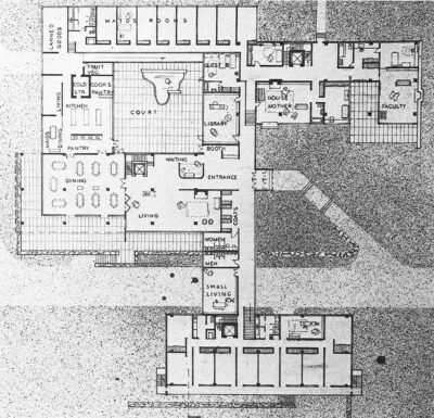 Sarah Harkness and John C. Harkness, ground-floor plan, Smith College Dormitory competition. Progressive Architecture–Pencil Points, April 1946
