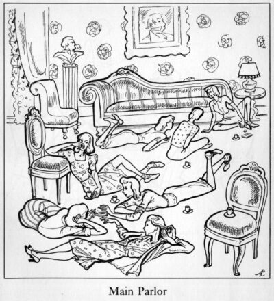 Anne Cleveland, “I decided to use the floor.” Parlor, Main Hall, Vassar College, Poughkeepsie, N.Y., 1937. Cartoon from Cleveland and Jean Anderson, Vassar, 1938
